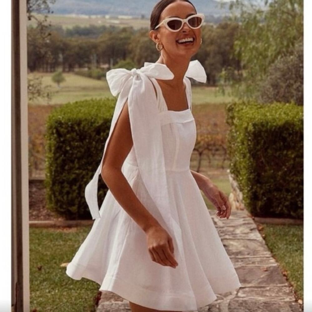 NWOT DISSH Aisle Pearl Linen Bow Mini Dress White Fit & Flare Size 2